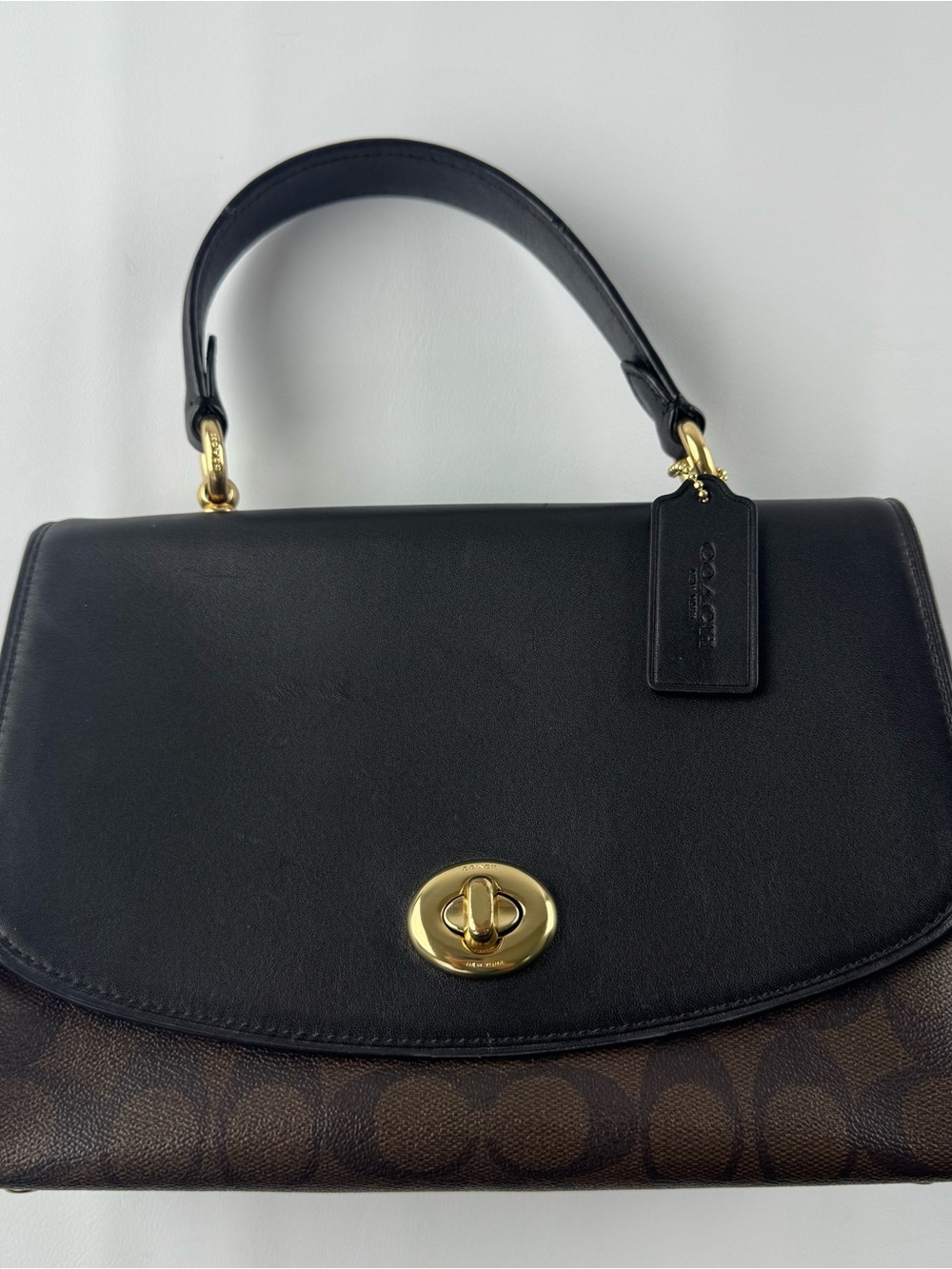 Coach Tilly Top Leather & Brown Signature Satchel with Gold Turnlock